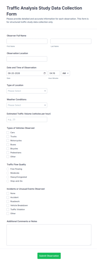 Traffic Analysis Study Data Collection Form Template