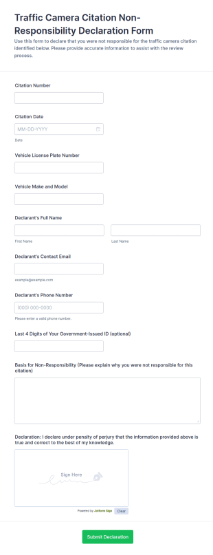 Traffic Camera Citation Non Responsibility Declaration Form Template