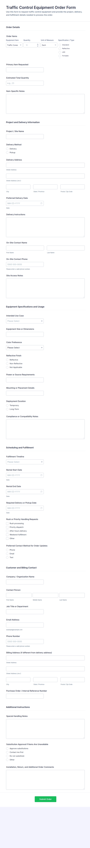 Traffic Control Equipment Order Form Template