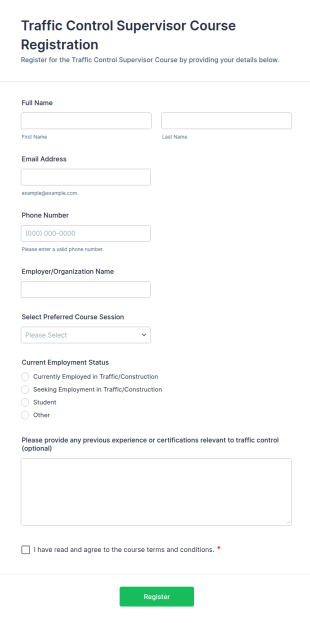 Traffic Control Supervisor Course Registration Form Template
