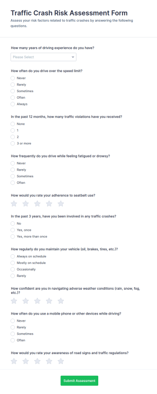 Traffic Crash Risk Assessment Form Template