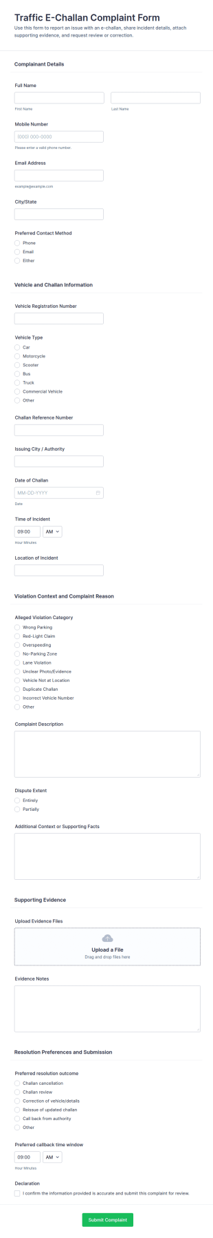 Traffic E Challan Complaint Form Template