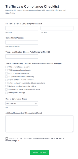 Traffic Law Compliance Checklist Form Template