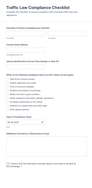 Traffic Law Compliance Checklist Form Template
