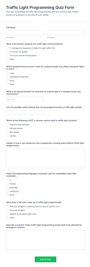 Traffic Light Programming Quiz Form Template