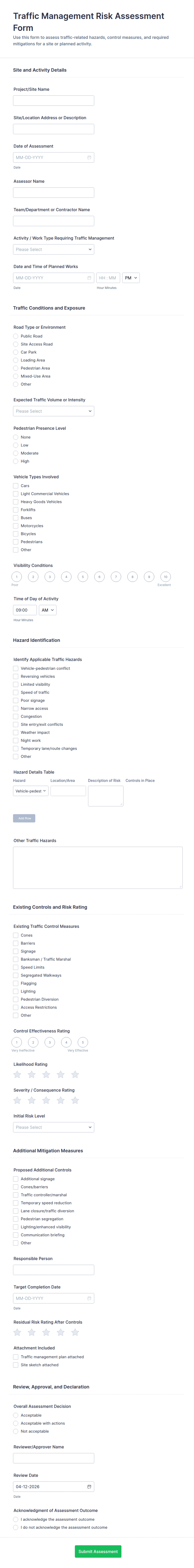 Traffic Management Risk Assessment Form Template | Jotform