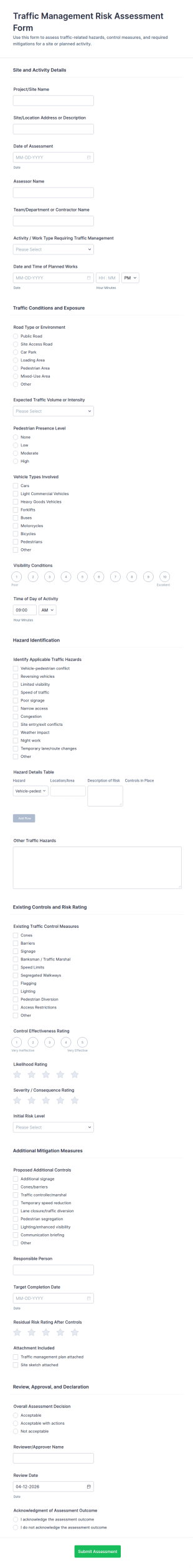 Traffic Management Risk Assessment Form Template