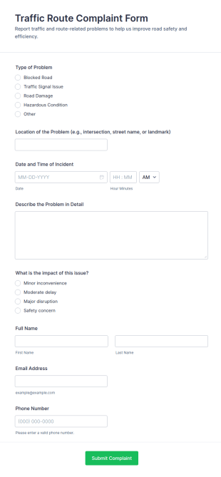 Traffic Route Complaint Form Template