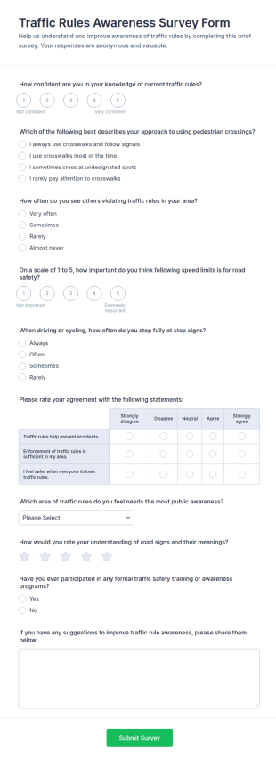 Traffic Rules Awareness Survey Form Template