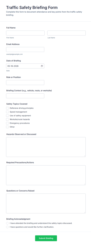 Traffic Safety Briefing Form Template