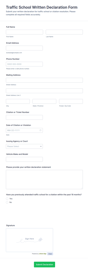 Traffic School Written Declaration Form Template