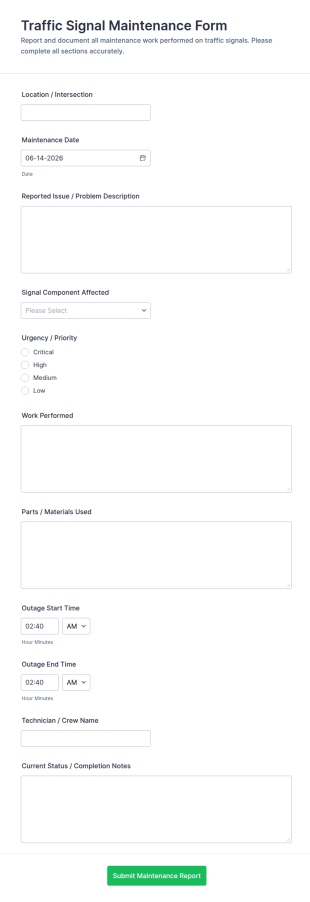 Traffic Signal Maintenance Form Template