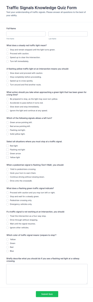 Traffic Signals Knowledge Quiz Form Template