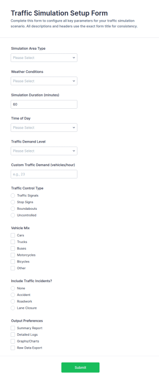 Traffic Simulation Setup Form Template