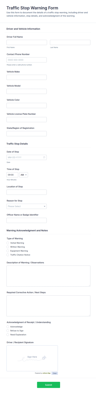 Traffic Stop Warning Form Template