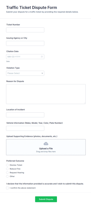 Traffic Ticket Dispute Form Template