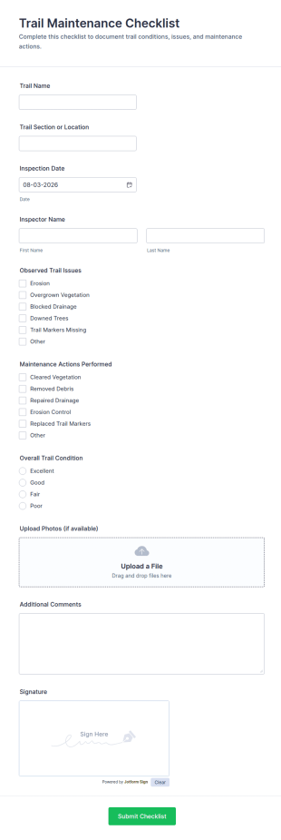 Trail Maintenance Checklist Form Template