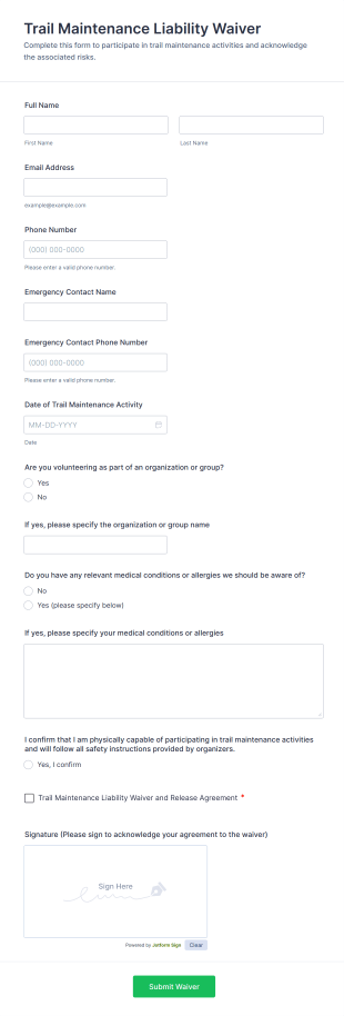 Trail Maintenance Liability Waiver Form Template