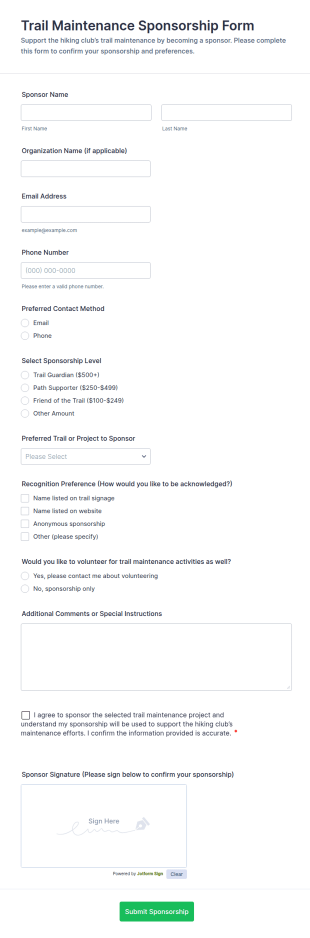 Trail Maintenance Sponsorship Form Template
