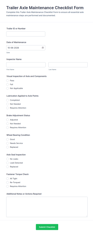 Trailer Axle Maintenance Checklist Form Template