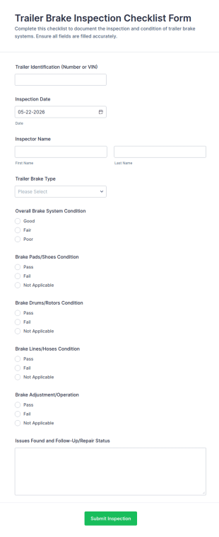 Trailer Brake Inspection Checklist Form Template