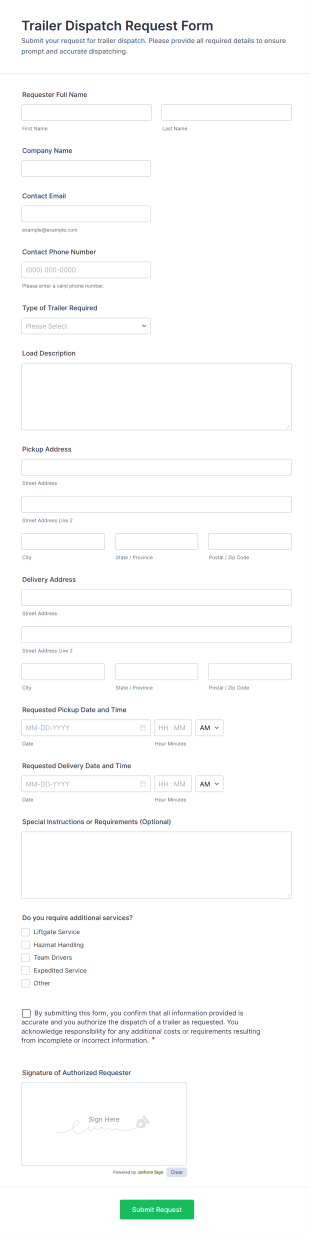 Trailer Dispatch Request Form Template