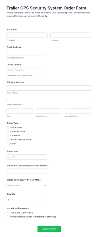 Trailer GPS Security System Order Form Template