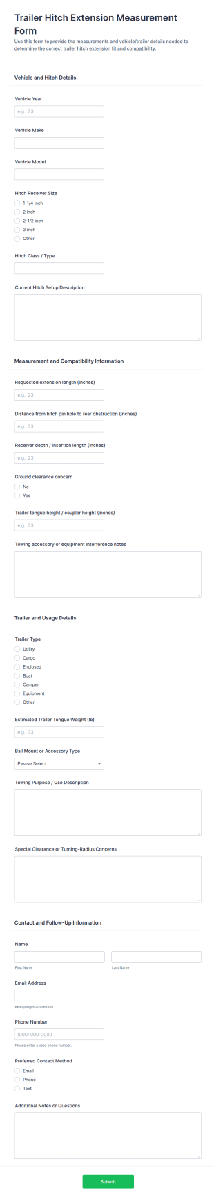 Trailer Hitch Extension Measurement Form Template