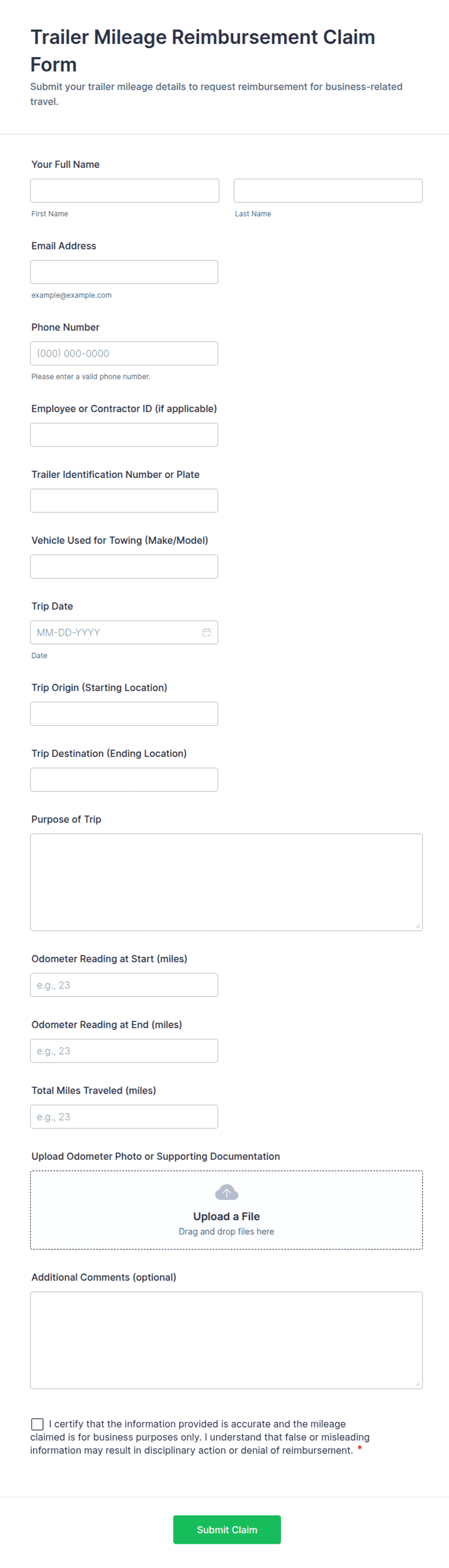 Trailer Mileage Reimbursement Claim Form Template | Jotform
