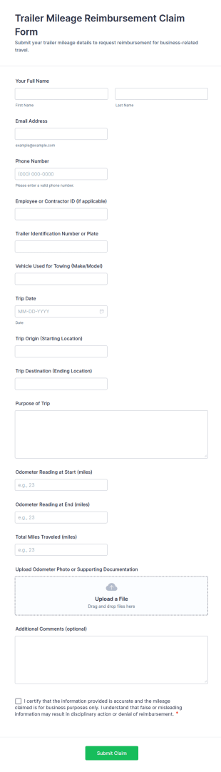 Trailer Mileage Reimbursement Claim Form Template