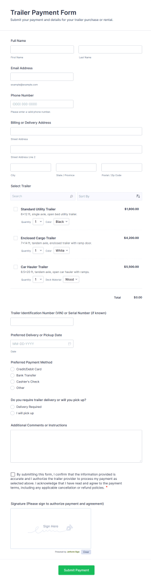 Trailer Payment Form Template