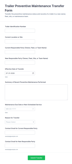 Trailer Preventive Maintenance Transfer Form Template