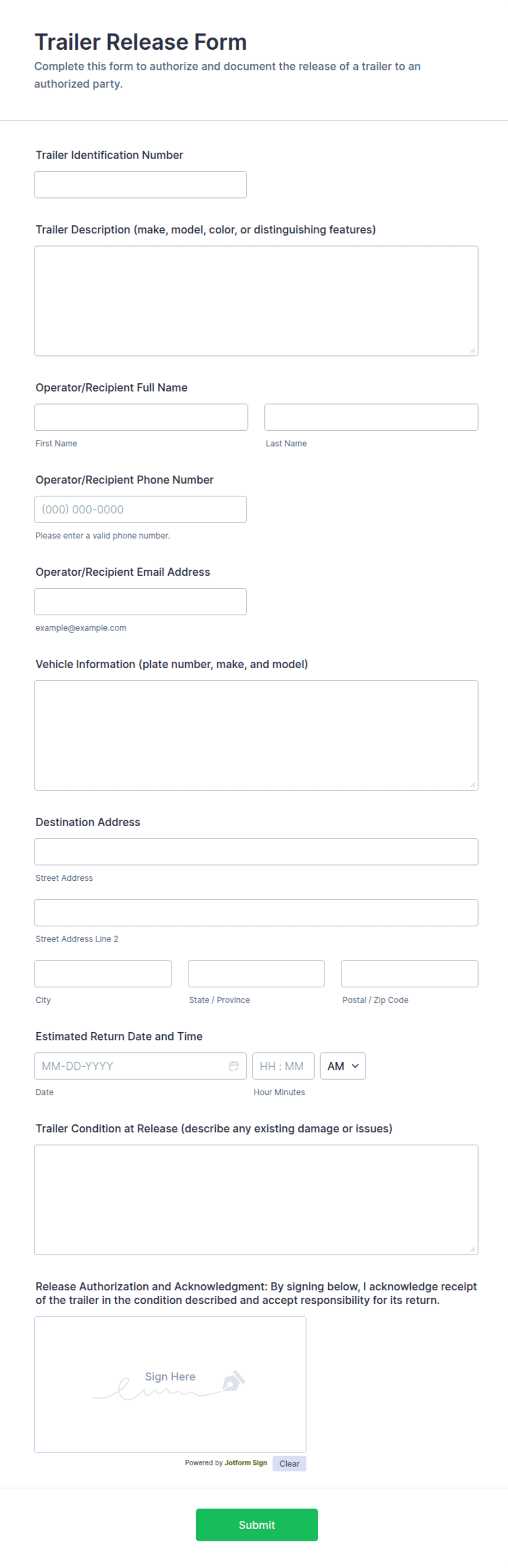 Trailer Release Form Template | Jotform