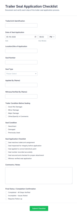 Trailer Seal Application Checklist Form Template