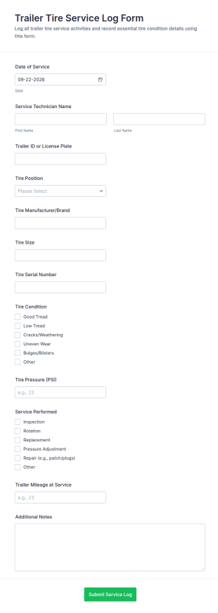 Trailer Tire Service Log Form Template