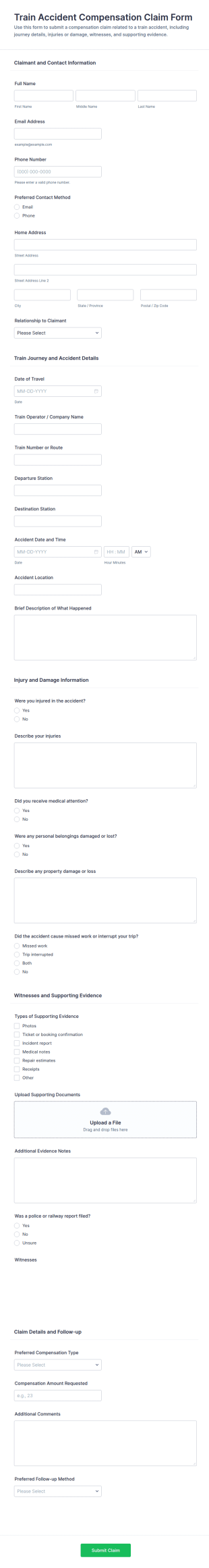 Train Accident Compensation Claim Form Template