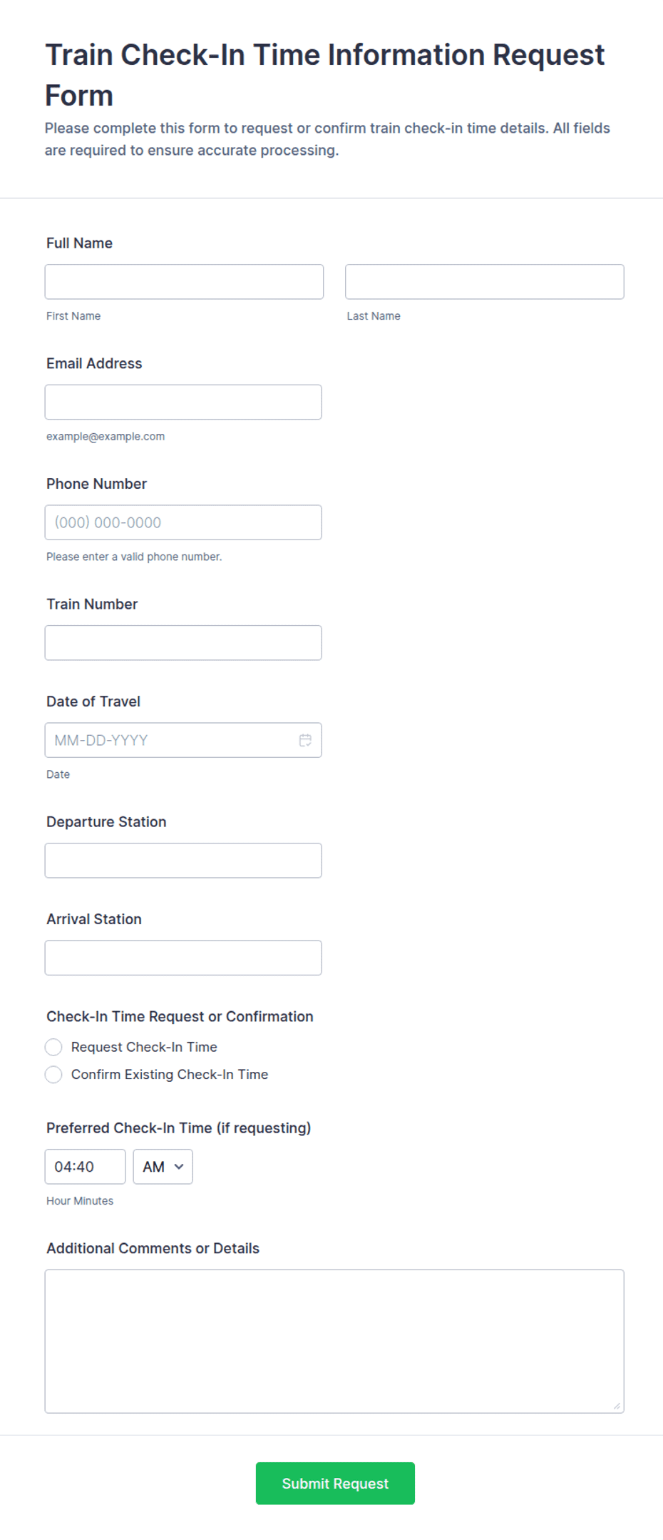 Train Check-In Time Information Request Form Template | Jotform