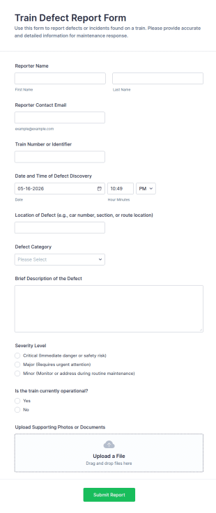 Train Defect Report Form Template