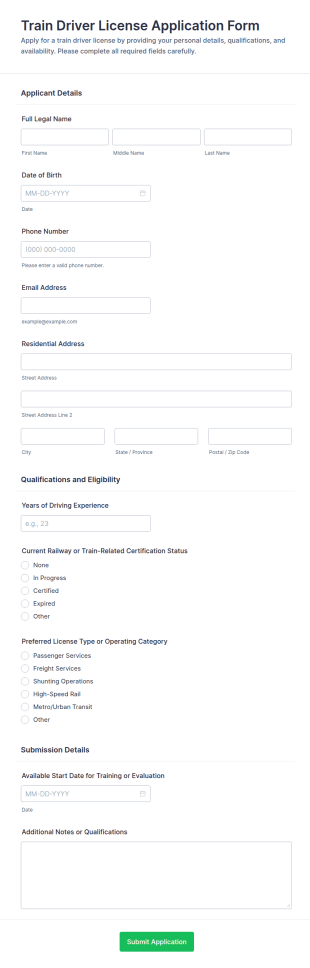 Train Driver License Application Form Template