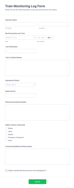 Train Monitoring Log Form Template
