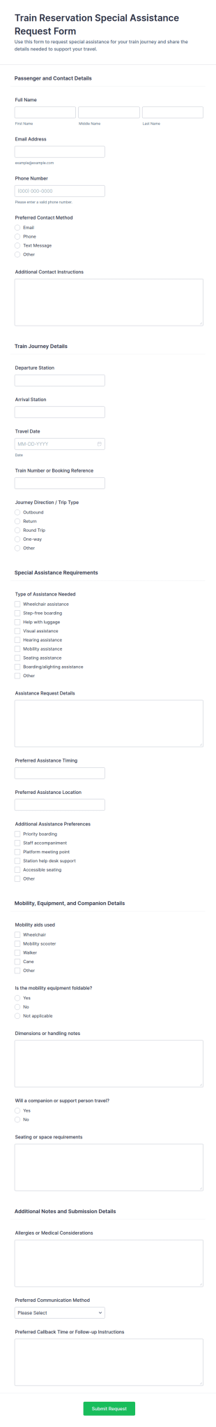 Train Reservation Special Assistance Request Form Template