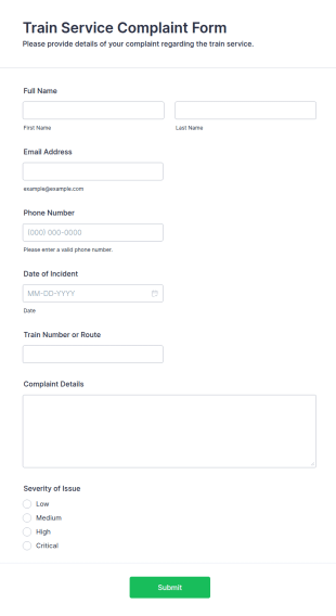 Train Service Complaint Form Template
