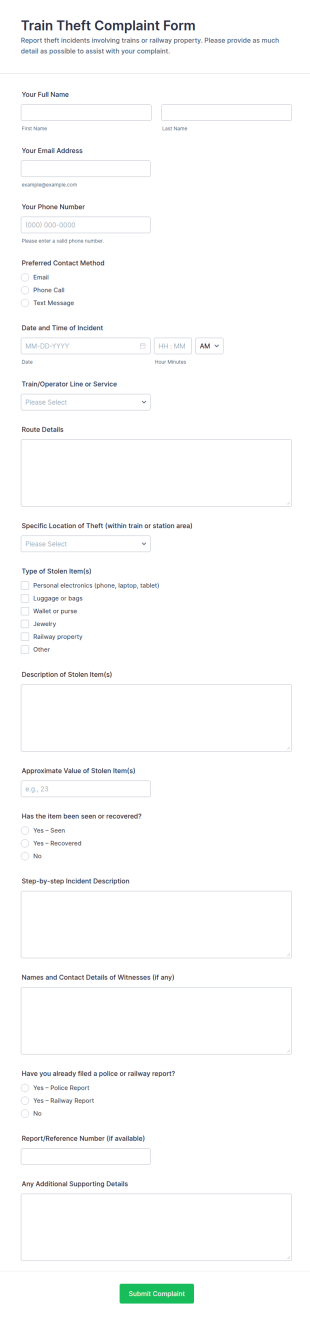 Train Theft Complaint Form Template