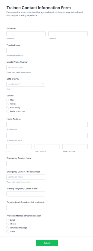 Trainee Contact Information Form Template