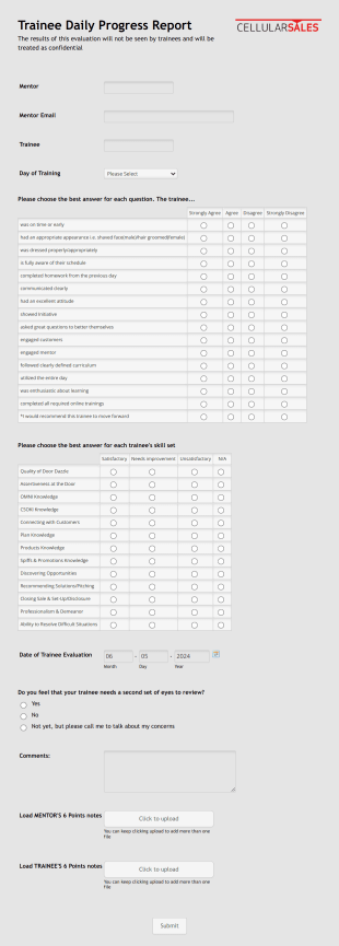 Trainee Progress Report Form Cellular Sales Form Template