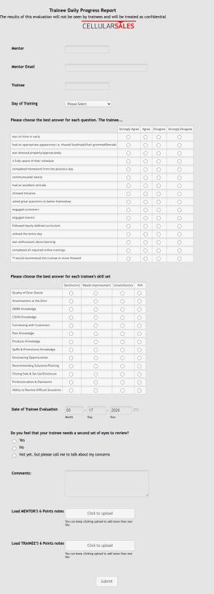 Trainee Progress Report Form Cellular Sales