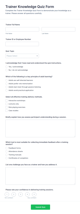 Trainer Knowledge Quiz Form Template