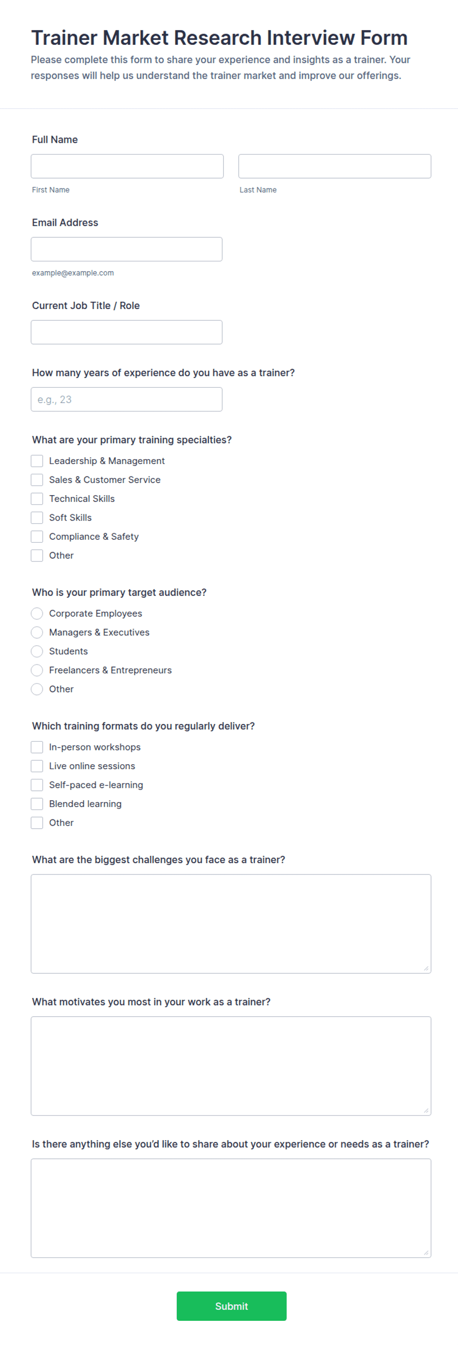 Trainer Market Research Interview Form Template | Jotform