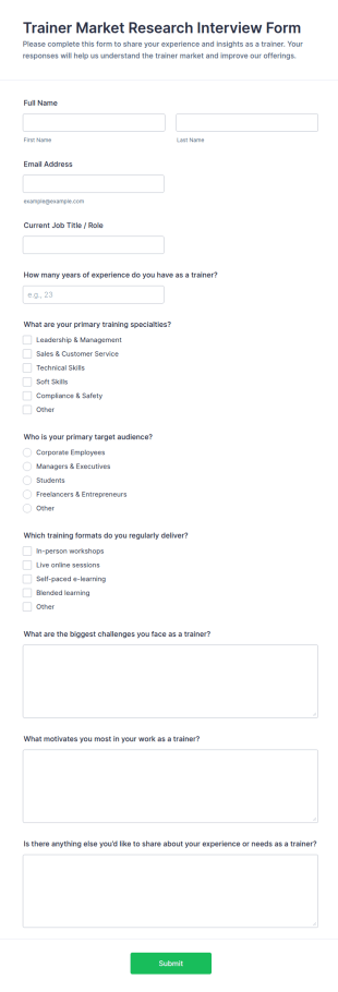 Trainer Market Research Interview Form Template