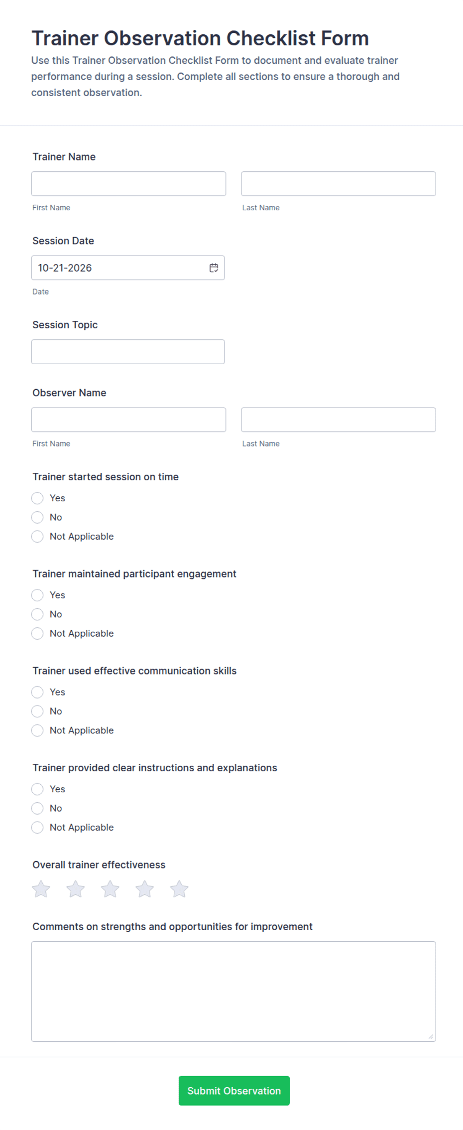 Trainer Observation Checklist Form Template | Jotform